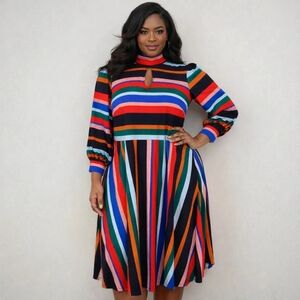 ELOQUII Size 20 Puff Sleeve Self-Tie Neck & Front Keyhole Striped A-Line Dress